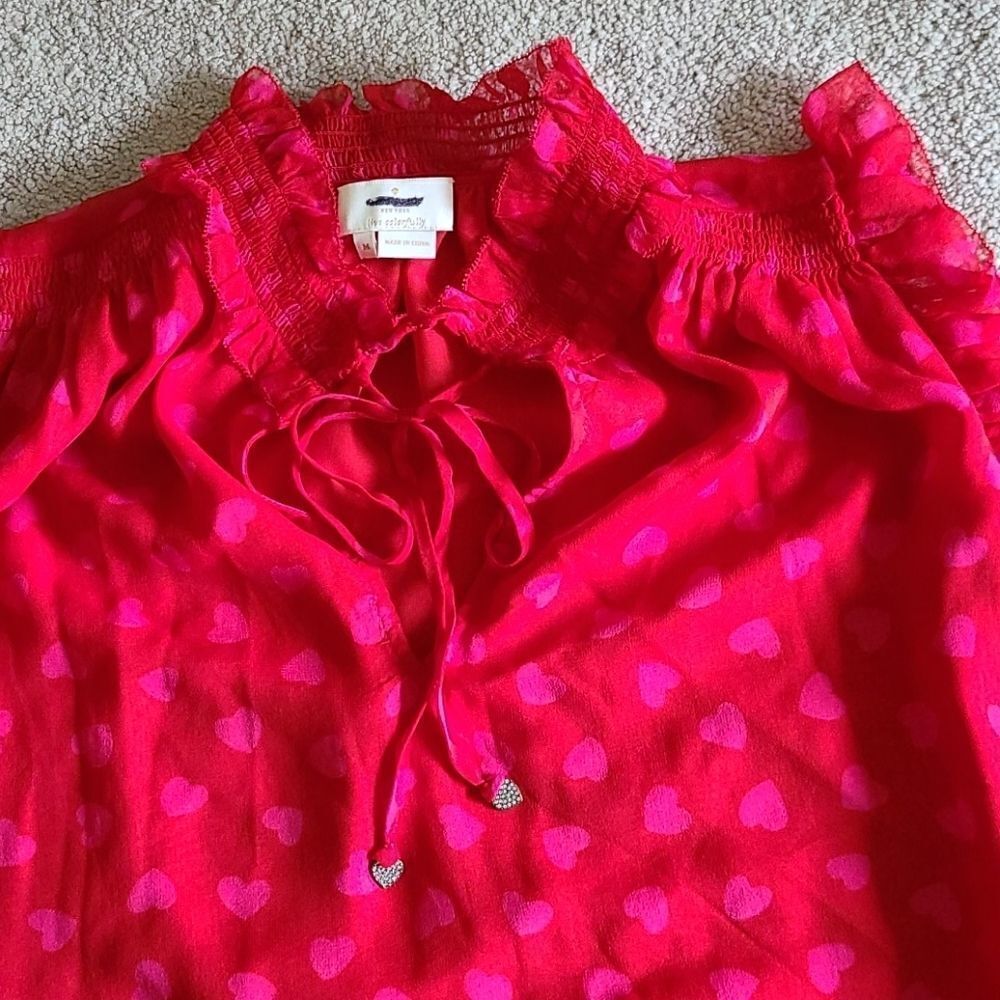 Kate Spade Red Pink Hearts Ruffled Sleeveless Silk Blouse - Picture 2 of 5